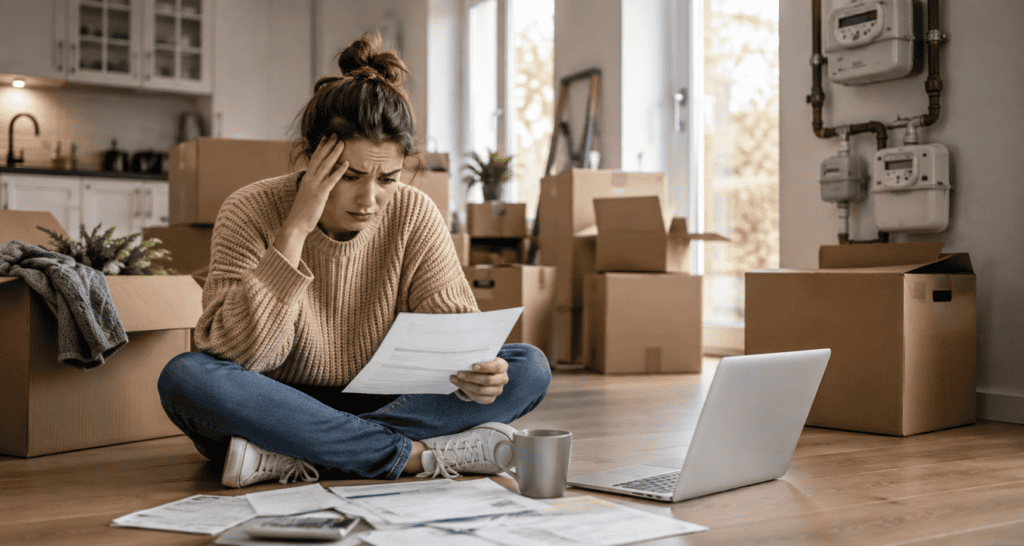 Young woman reviewing documents for first-time home buying process.