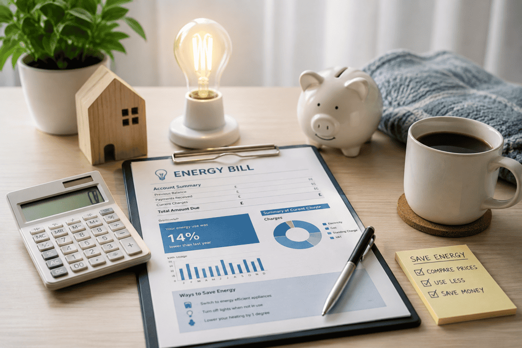 Energy bill analysis with calculator, piggy bank, and coffee on desk.