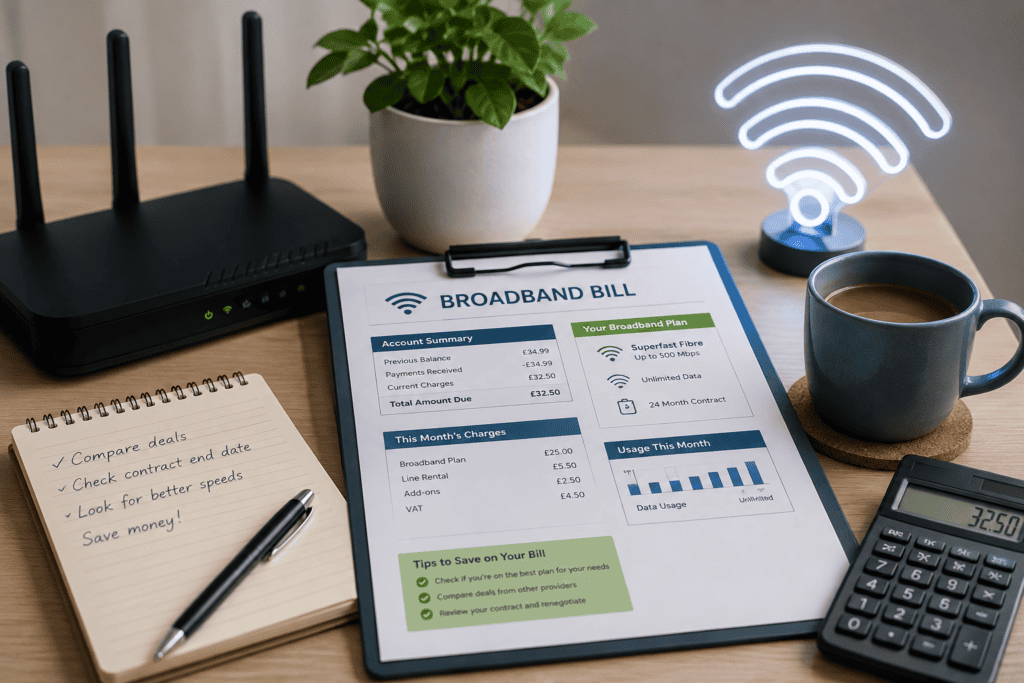 Broadband bill on clipboard with Wi-Fi router and coffee on desk.